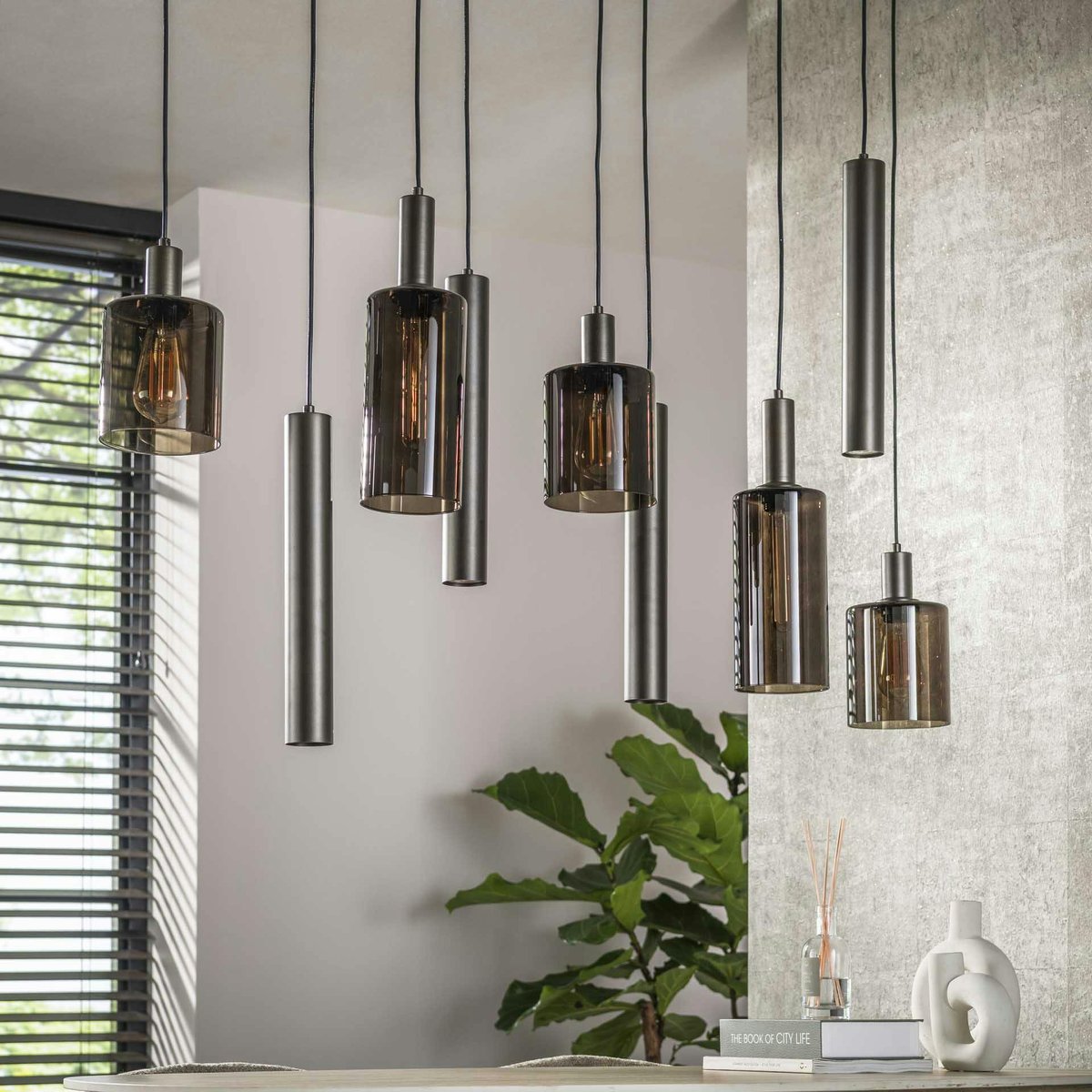 Suspension îlot cuisine verre brun et métal 9 lampes NOVA marron, PIER IMPORT