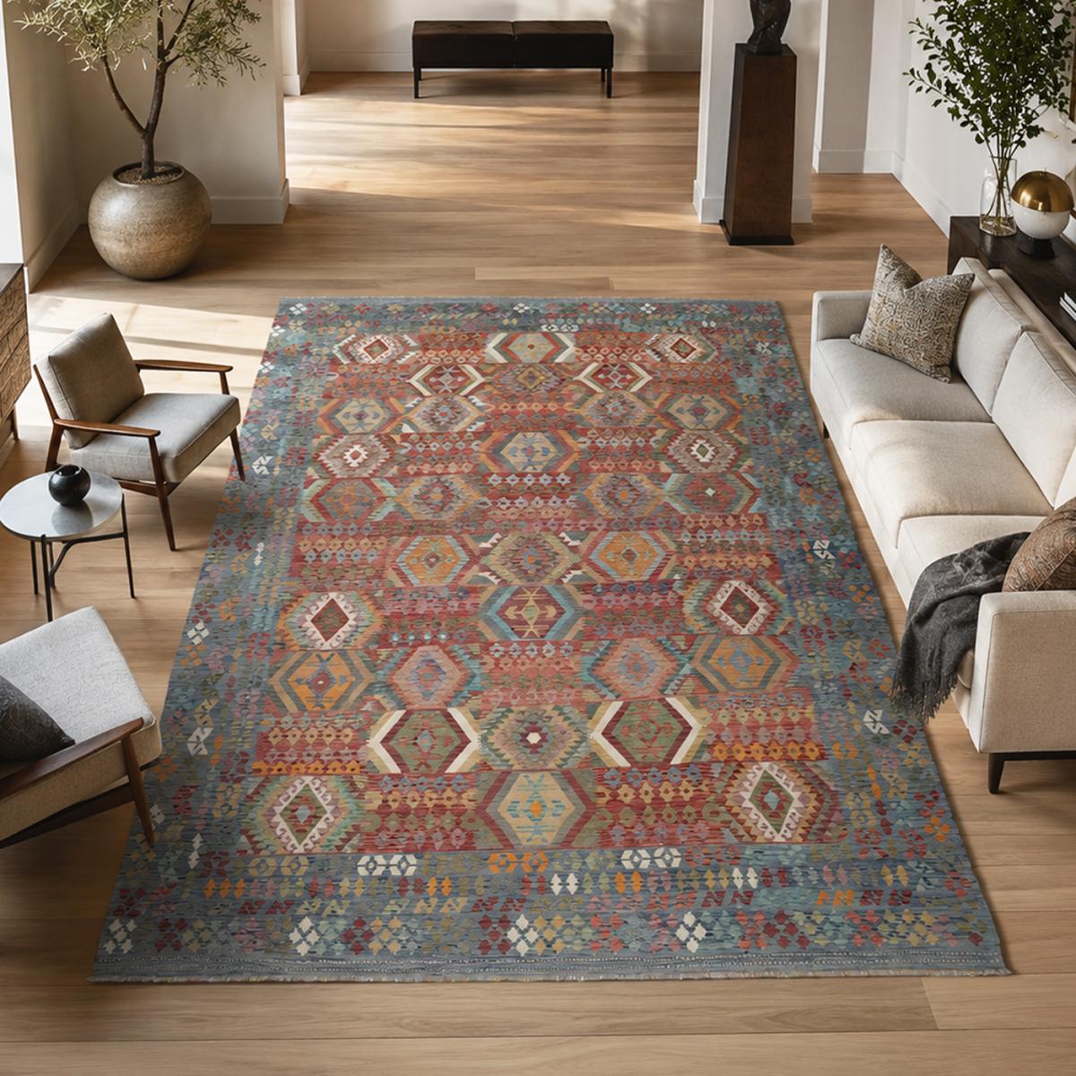 Tapis kilim ethnique, tissage plat artisanal, KILIM 91 multicolore, bleu, rouge, UN AMOUR DE TAPIS