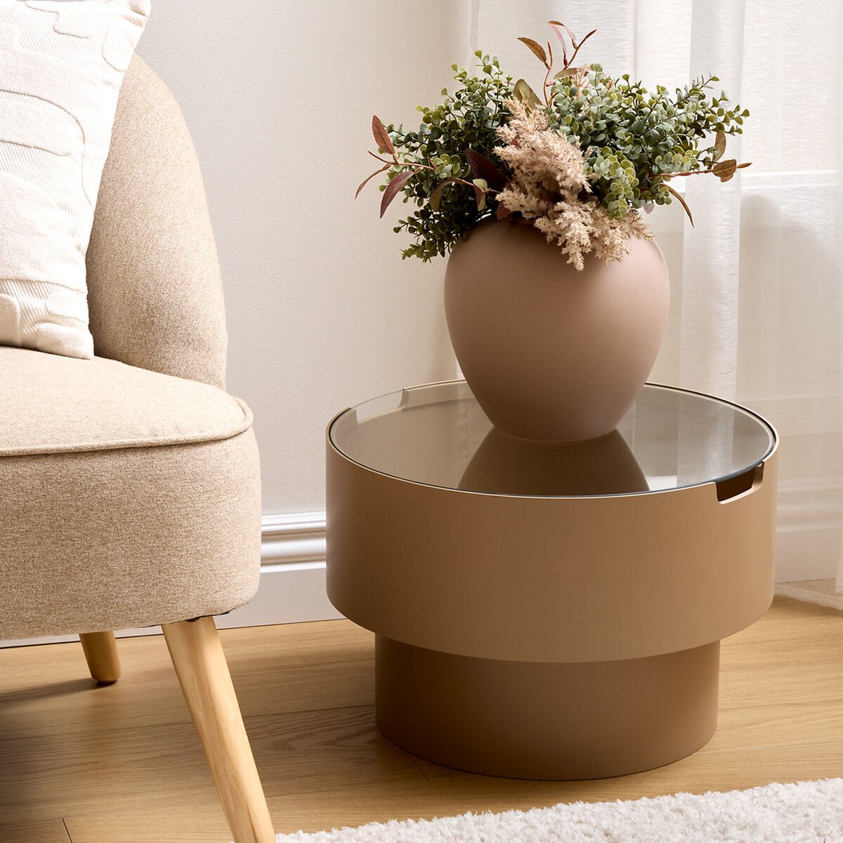 Table d’appoint avec coffre plateau amovible verre trempé KARUN moccha, ATMOSPHERA