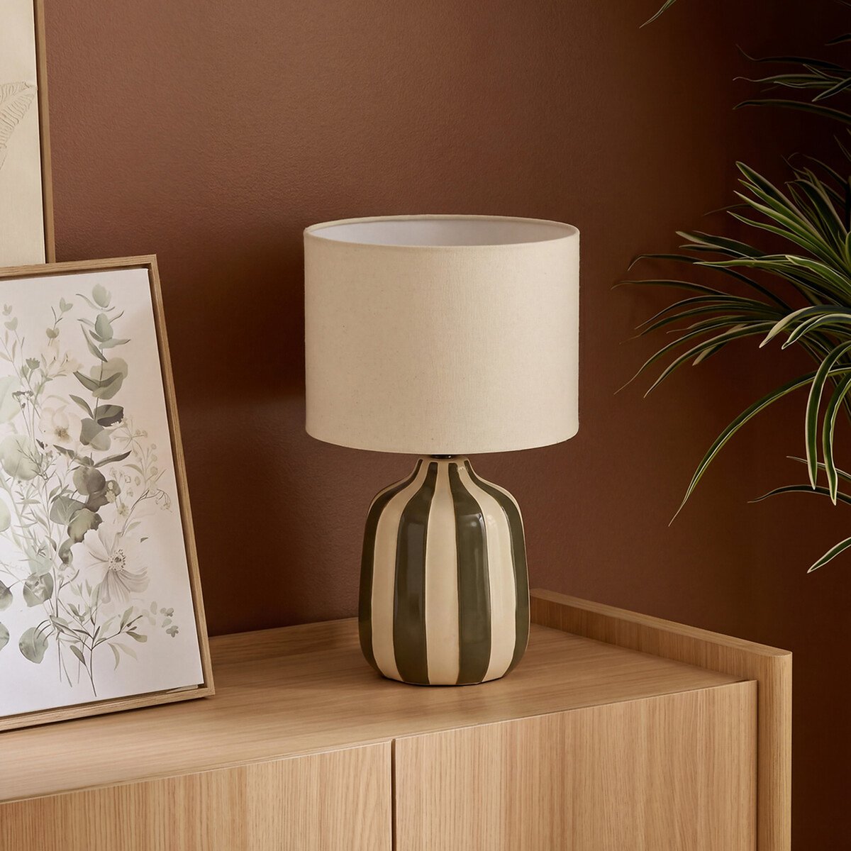 Lampe cylindrique en lin VILMA vert kaki, ATMOSPHERA