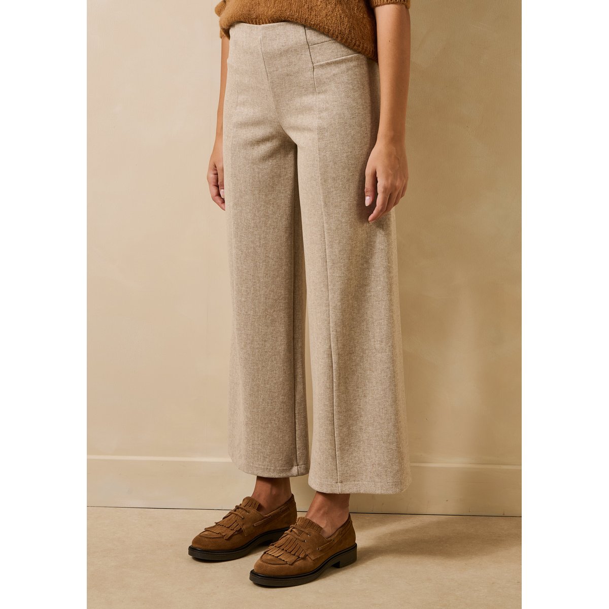 Pantalon cropped en milano taille élastiquée ecru, LA FEE MARABOUTEE