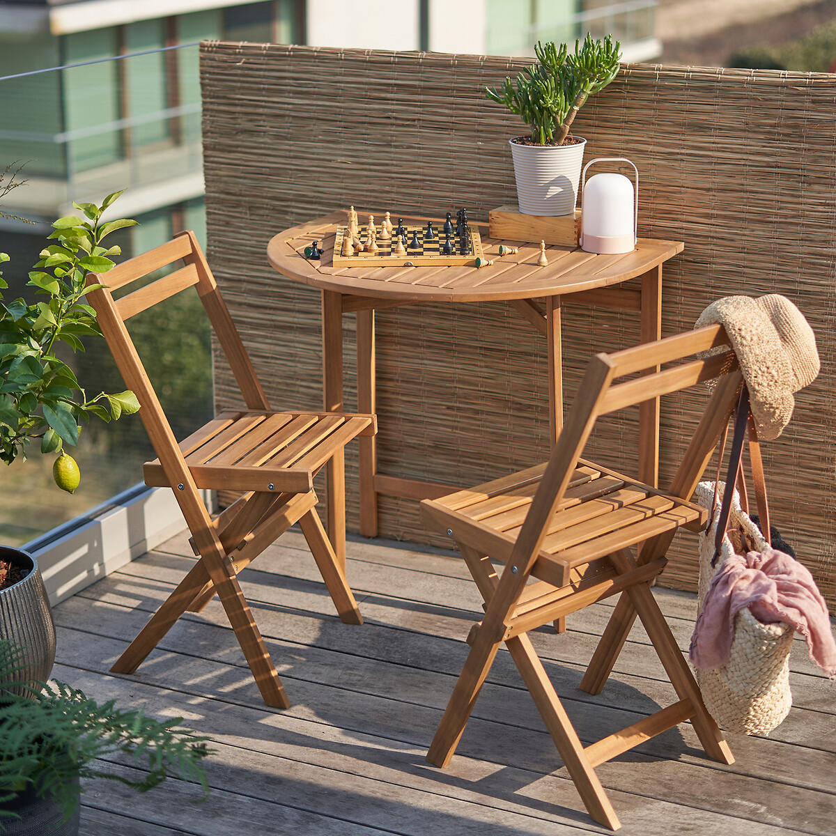 Set de balcon pliable, en acacia, 2 places, table demi-lune et 2 chaises, ALATA acacia, LA REDOUTE INTERIEURS