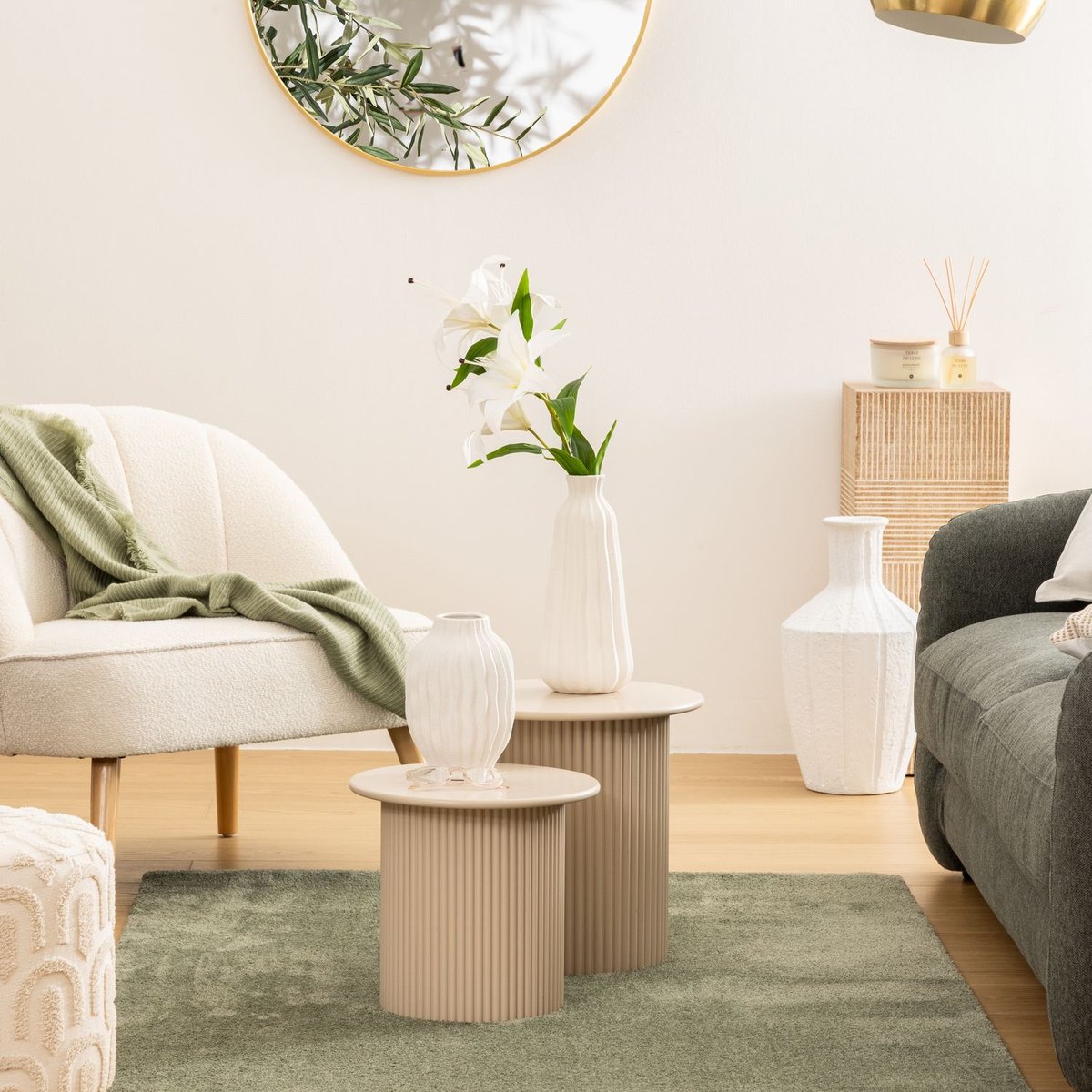 Lot de 2 tables basses gigognes cylindriques EINO beige, ATMOSPHERA