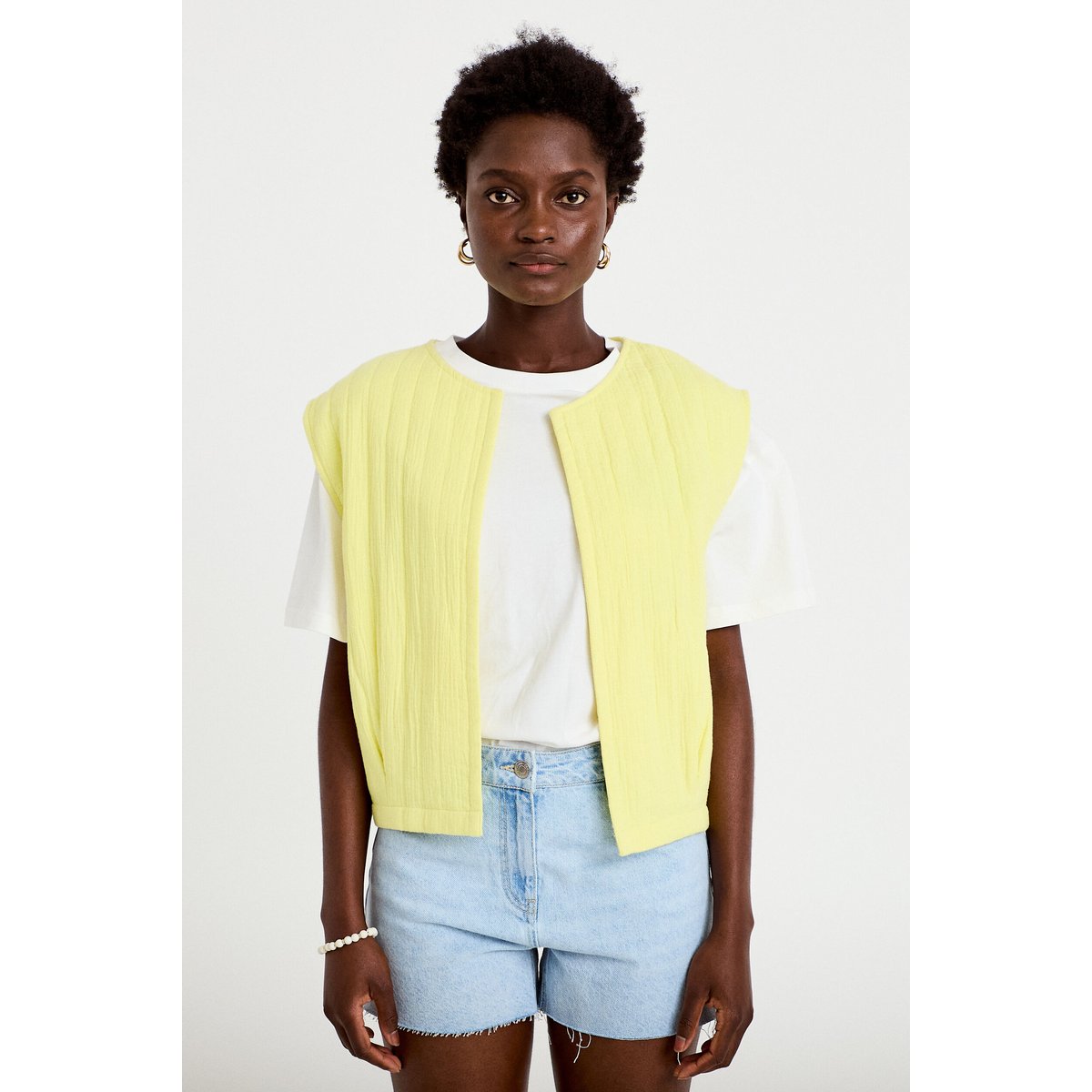 Gilet barman ample cropped plissé jaune citron, CACHE CACHE