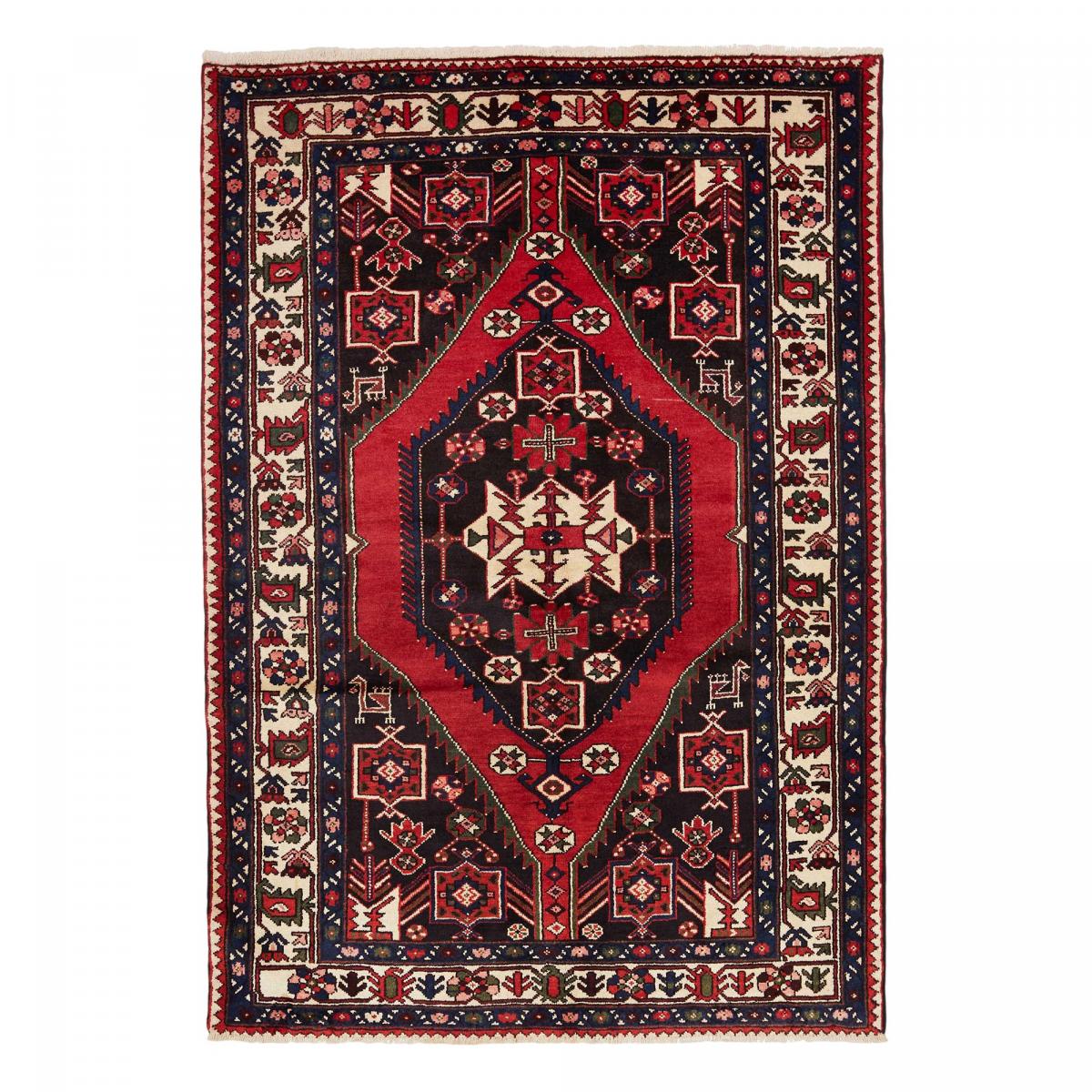 Tapis d'orient oriental, noué main en laine, HAMADAN 27 rouge, crème, noir, UN AMOUR DE TAPIS