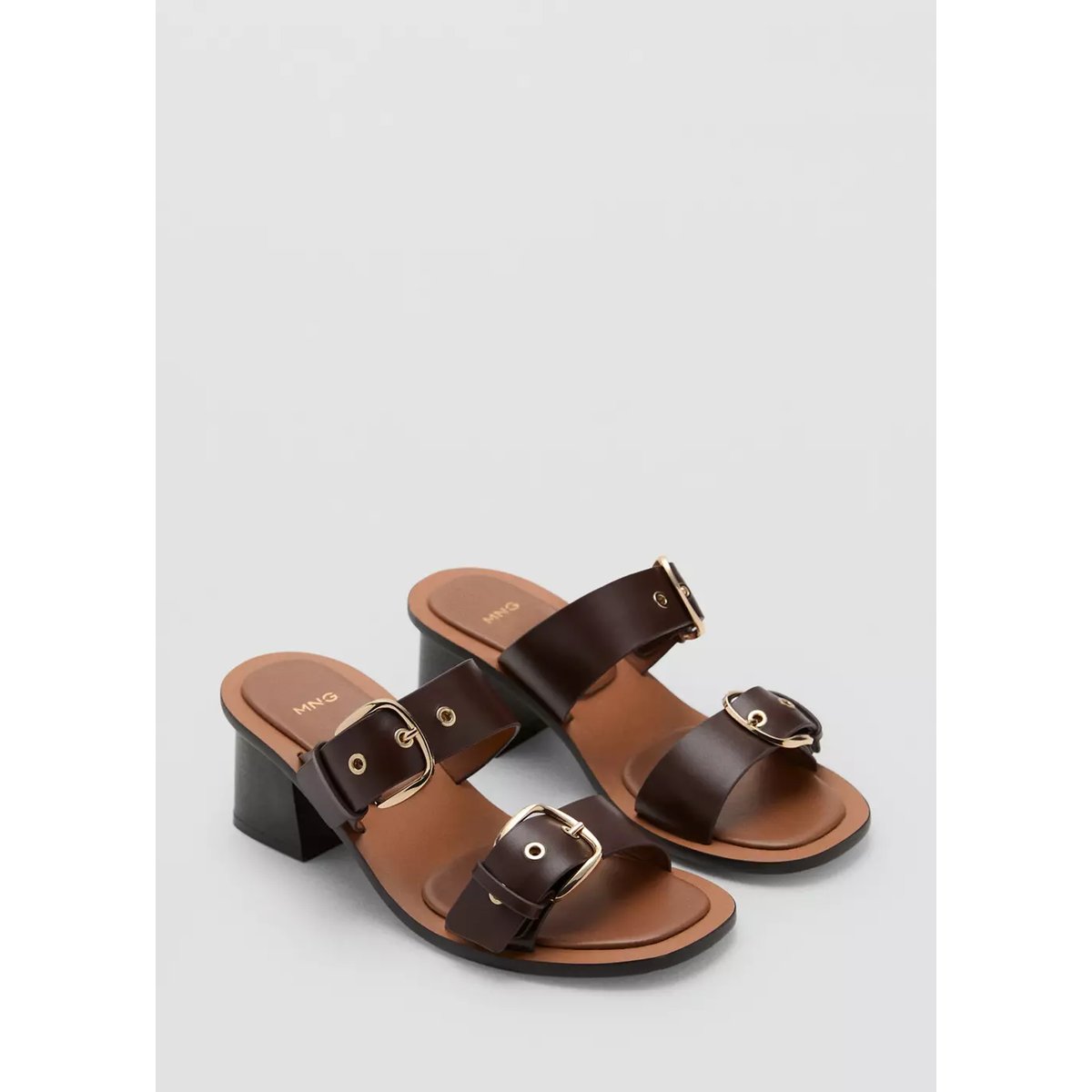 Sandales cuir talon boucles marron, MANGO