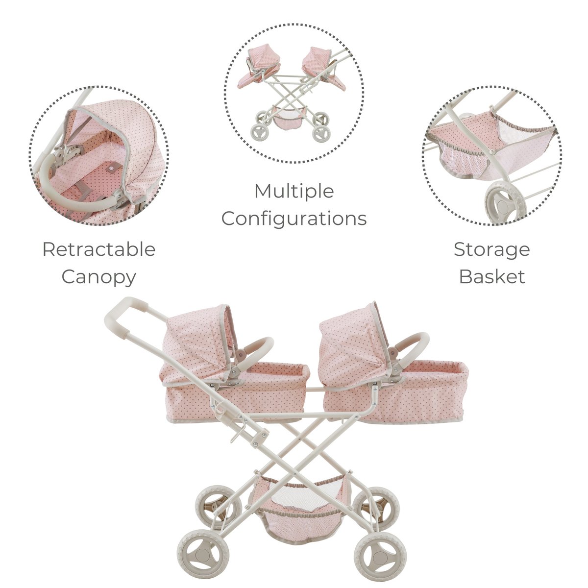 Poussette double poupée 2-en-1, Rose rose, TEAMSON KIDS