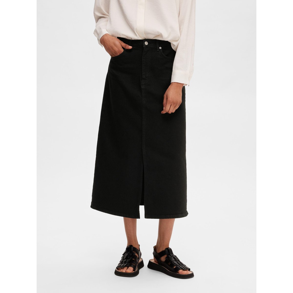 Jupe Mi-Longue black denim, SELECTED