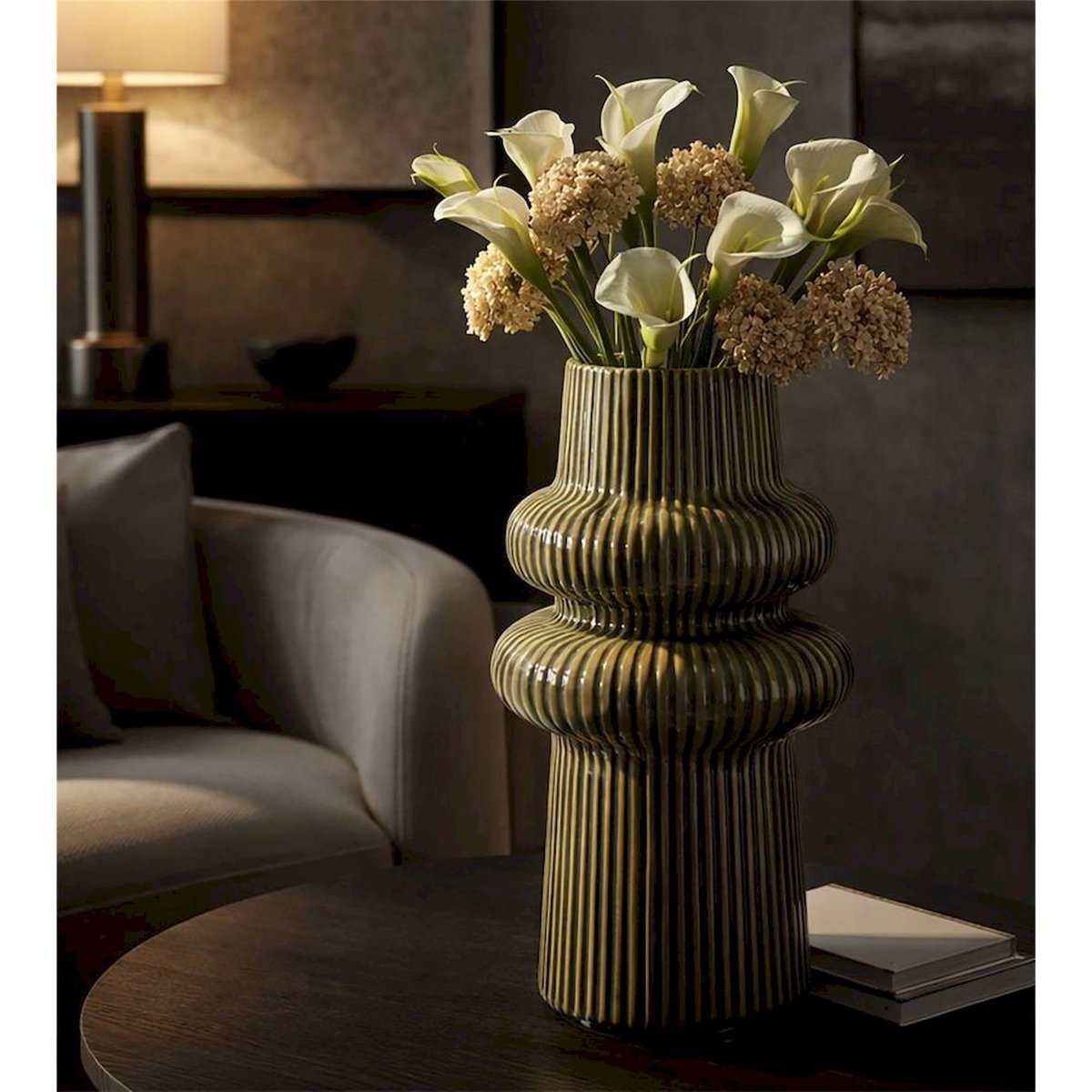 Vase céramique brillant à relief strié MODERN vert, RECOLLECTION