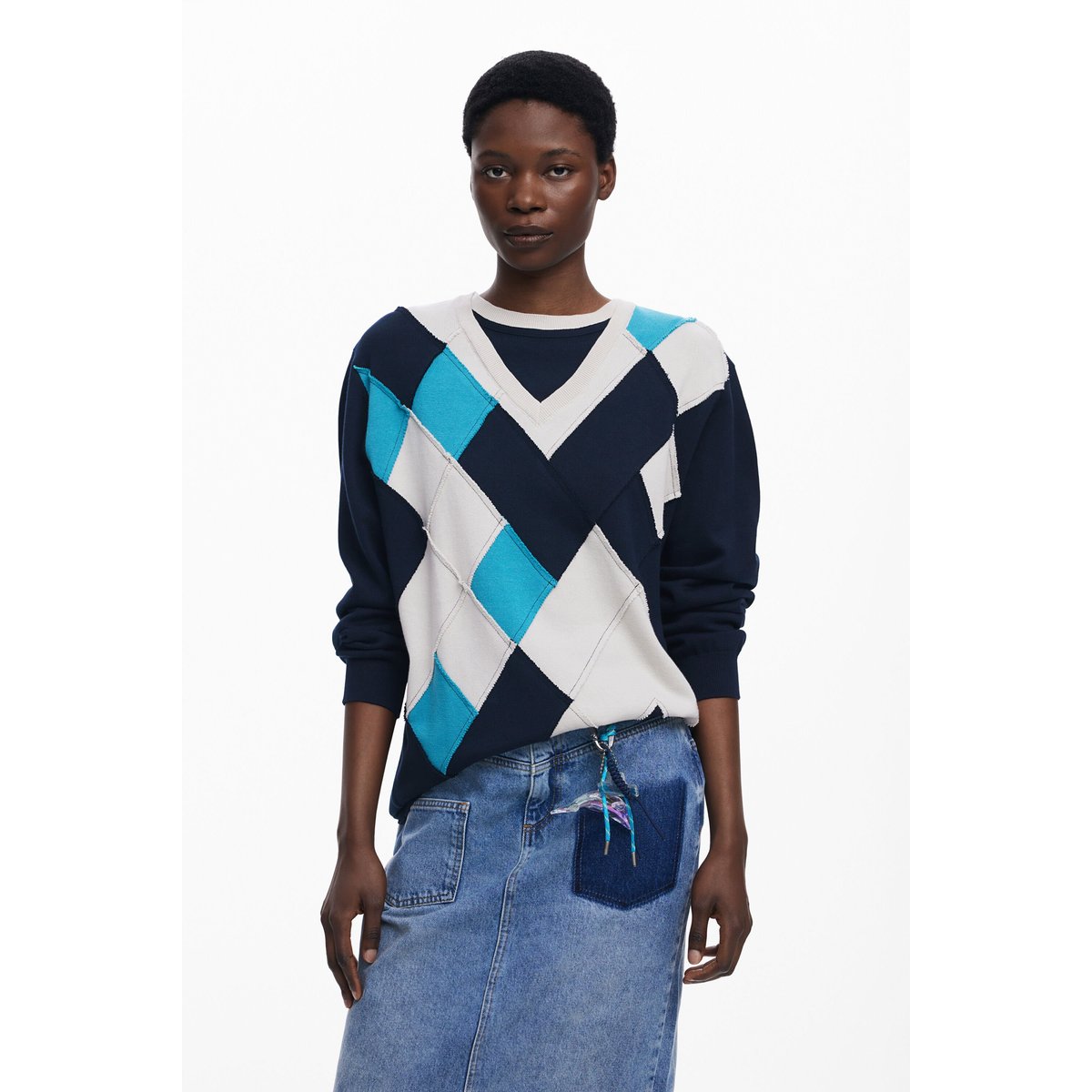 Pull à double col losanges Botter bleu, DESIGUAL