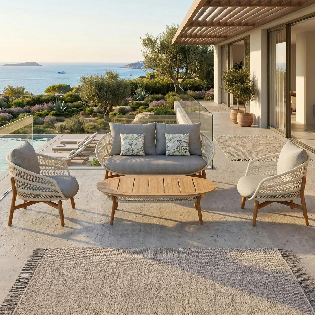 Salon de jardin 4 places en teck et cordage VASCA anthracite, PIER IMPORT