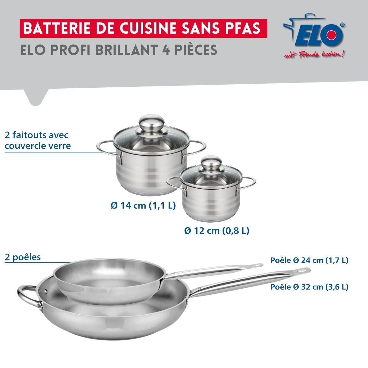Batterie 2 poêles 24/32cm + 2 faitouts 12/14cm PROFI BRILLANT gris, ELO