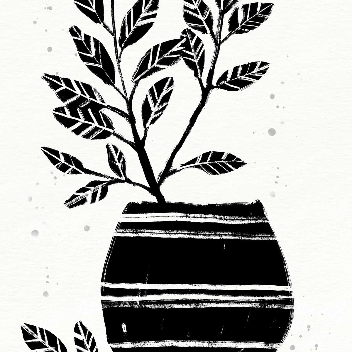 Illustration Poterie et botanique affiche + cadre en bois - noir, HEXOA