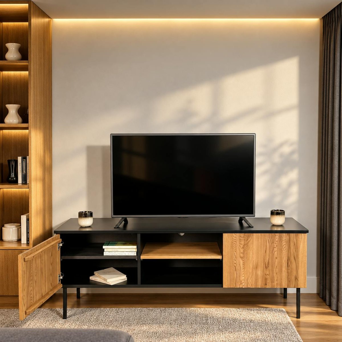 Meuble TV en bois bicolore avec façade ondulée TARAN bois naturel, PIER IMPORT
