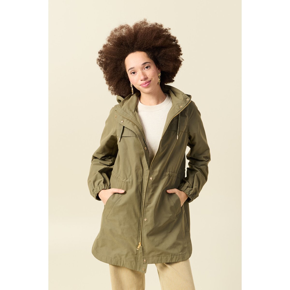 Parka longue droite déperlante à capuche vert kaki, BONOBO