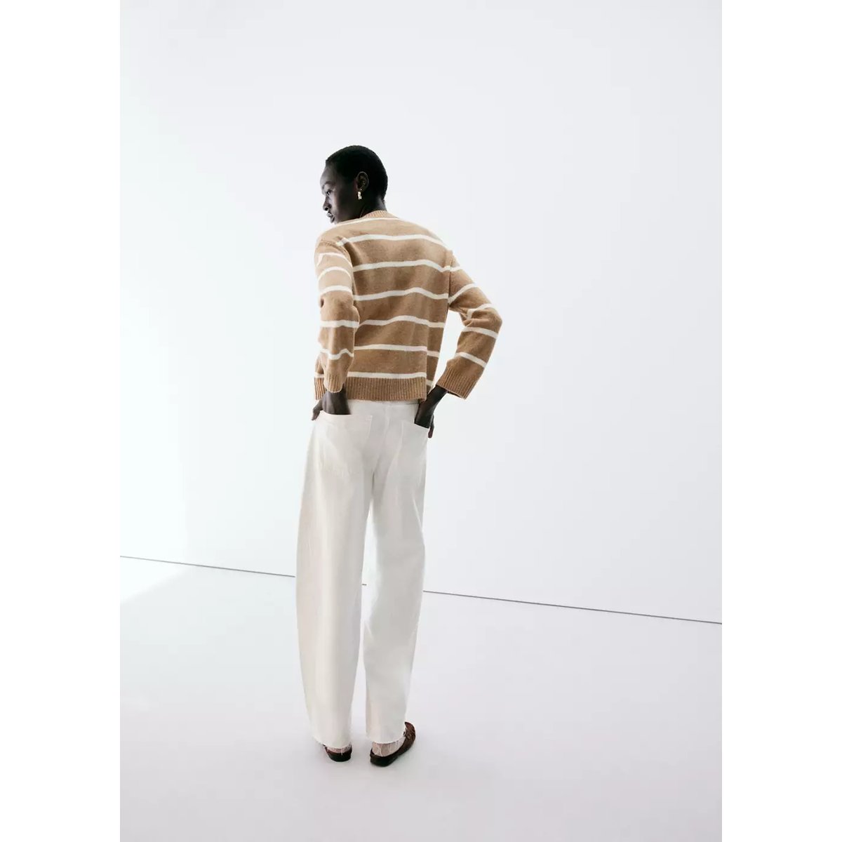 Pull-over rayé col rond marron moyen, MANGO