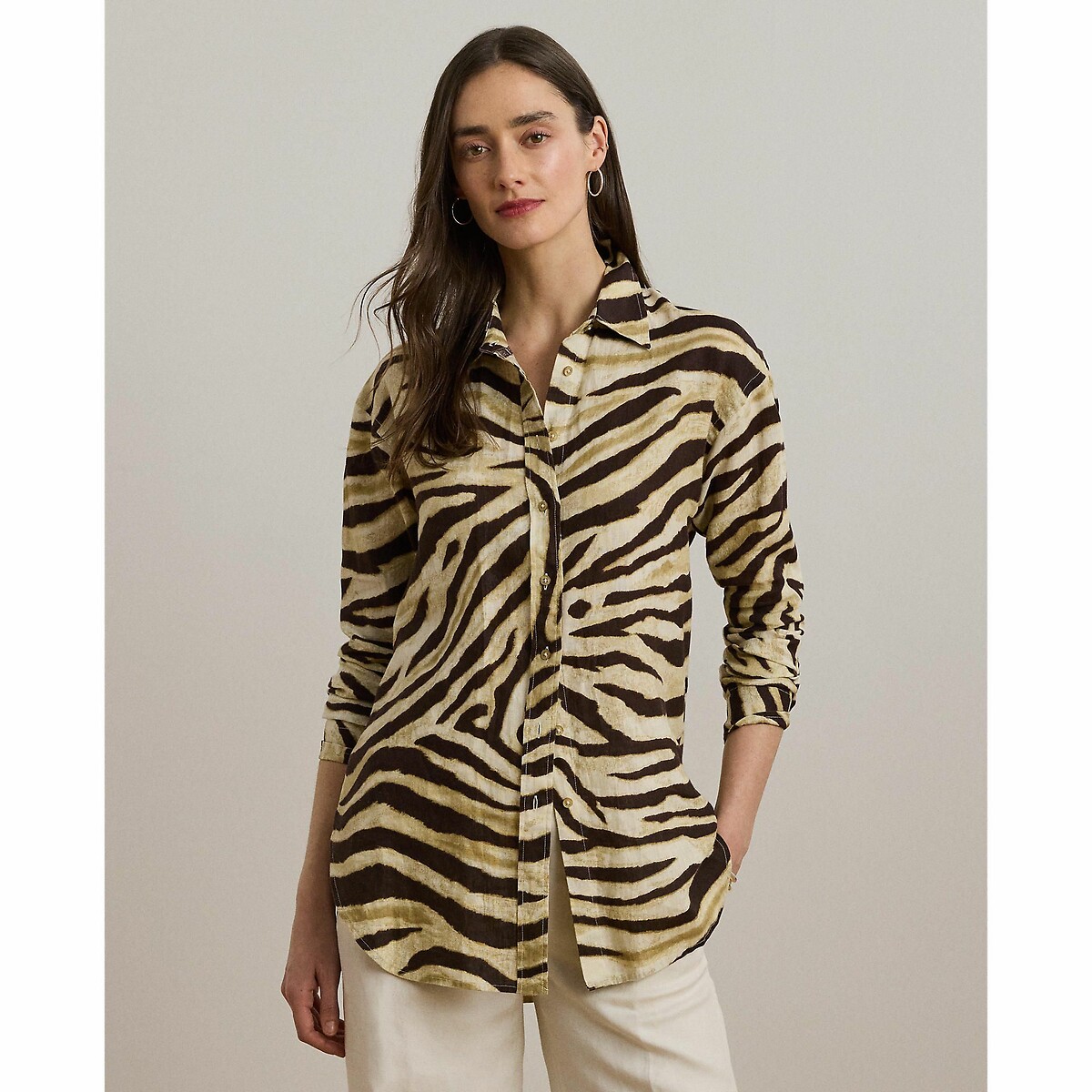 Chemise imprimée à manches longues, en lin beige/marron, LAUREN RALPH LAUREN