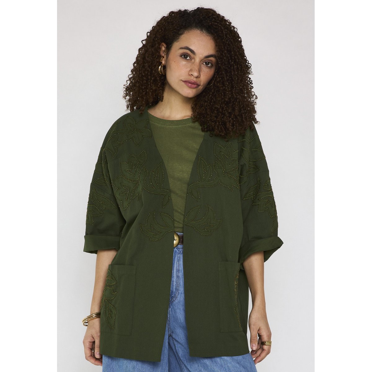 Veste brodée à manches 3/4 en coton VOYAGE kaki, Maison 123