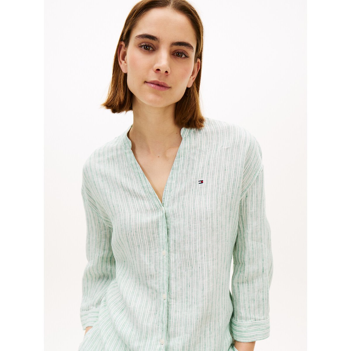 Linnen blouse met V-hals, 3/4 mouwen gestreept groen/ecru, TOMMY HILFIGER