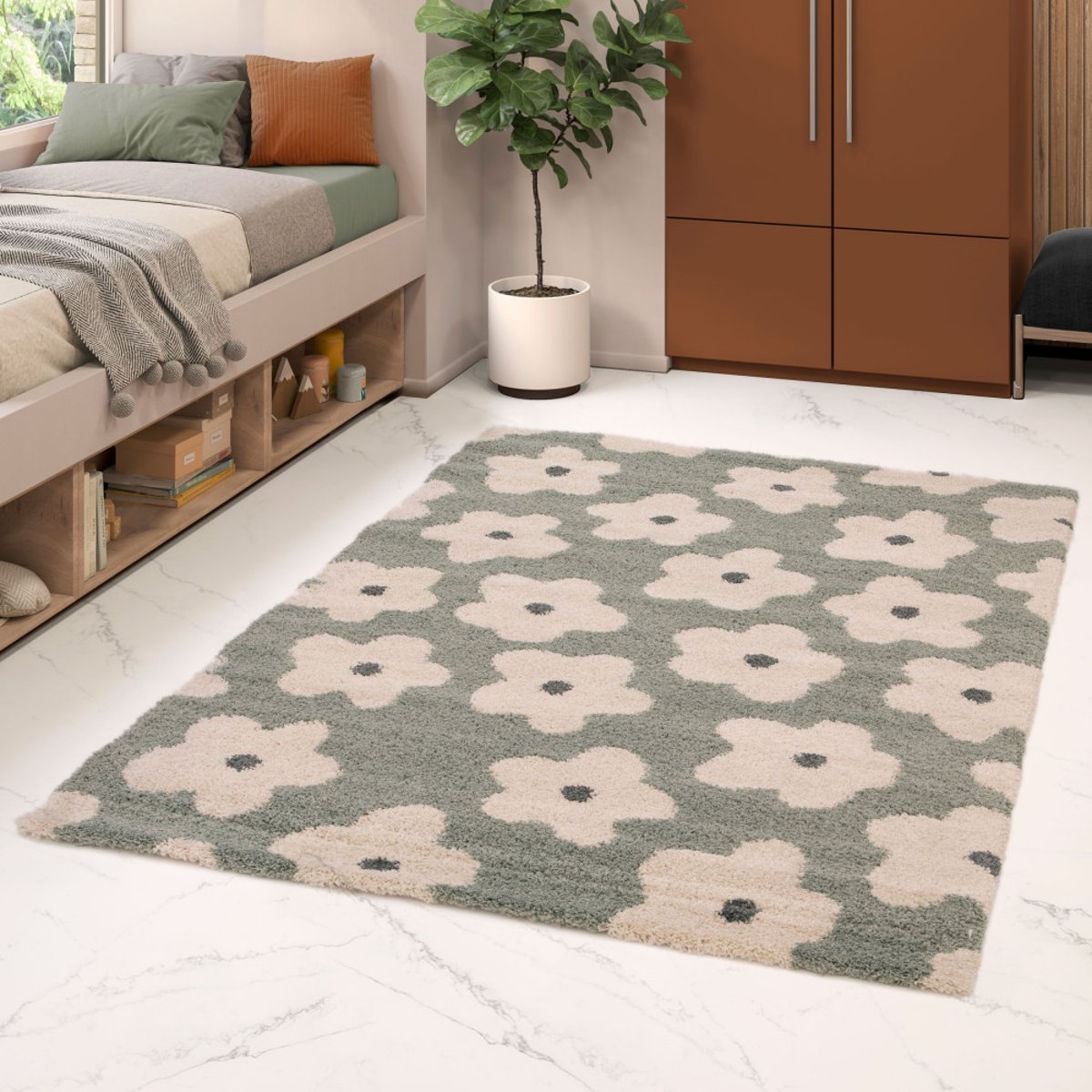 Tapis contemporain à motif floral- FLORA II vert de gris, DRAWER