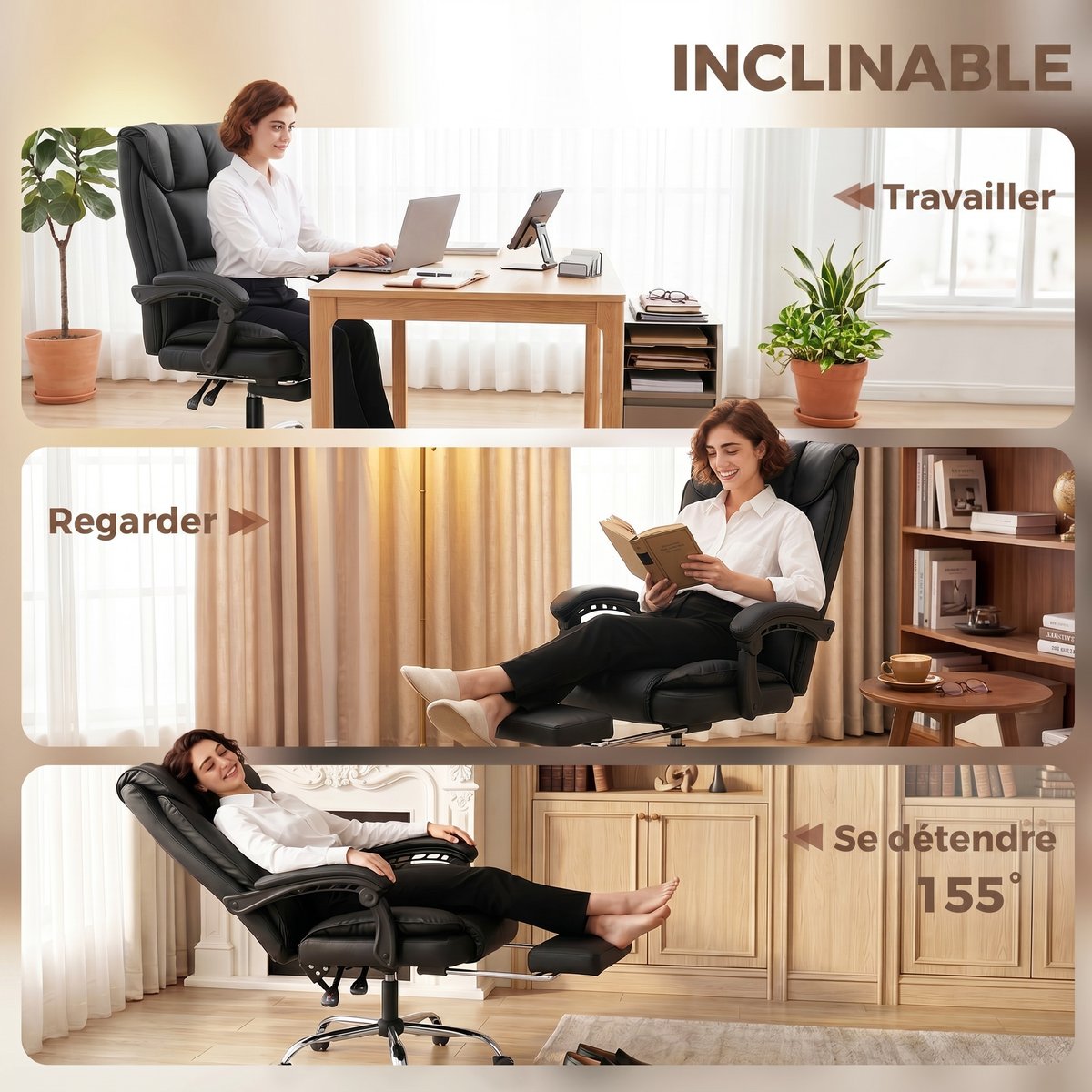 Chaise de bureau Revêtement synthétique Noir noir, HOMCOM