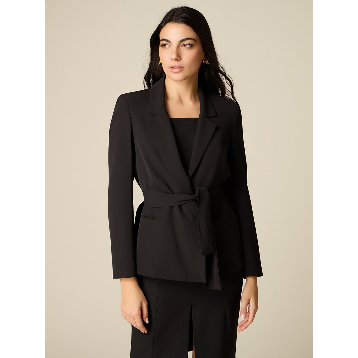 Blazer avec ceinture à nouer noir impression, OLTRE