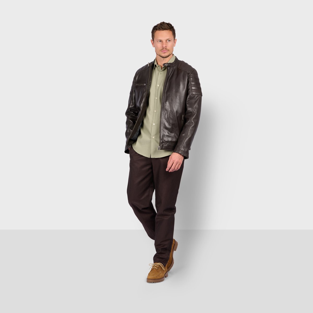 Veste en cuir zippé Col mao SHELBY marron, OAKWOOD