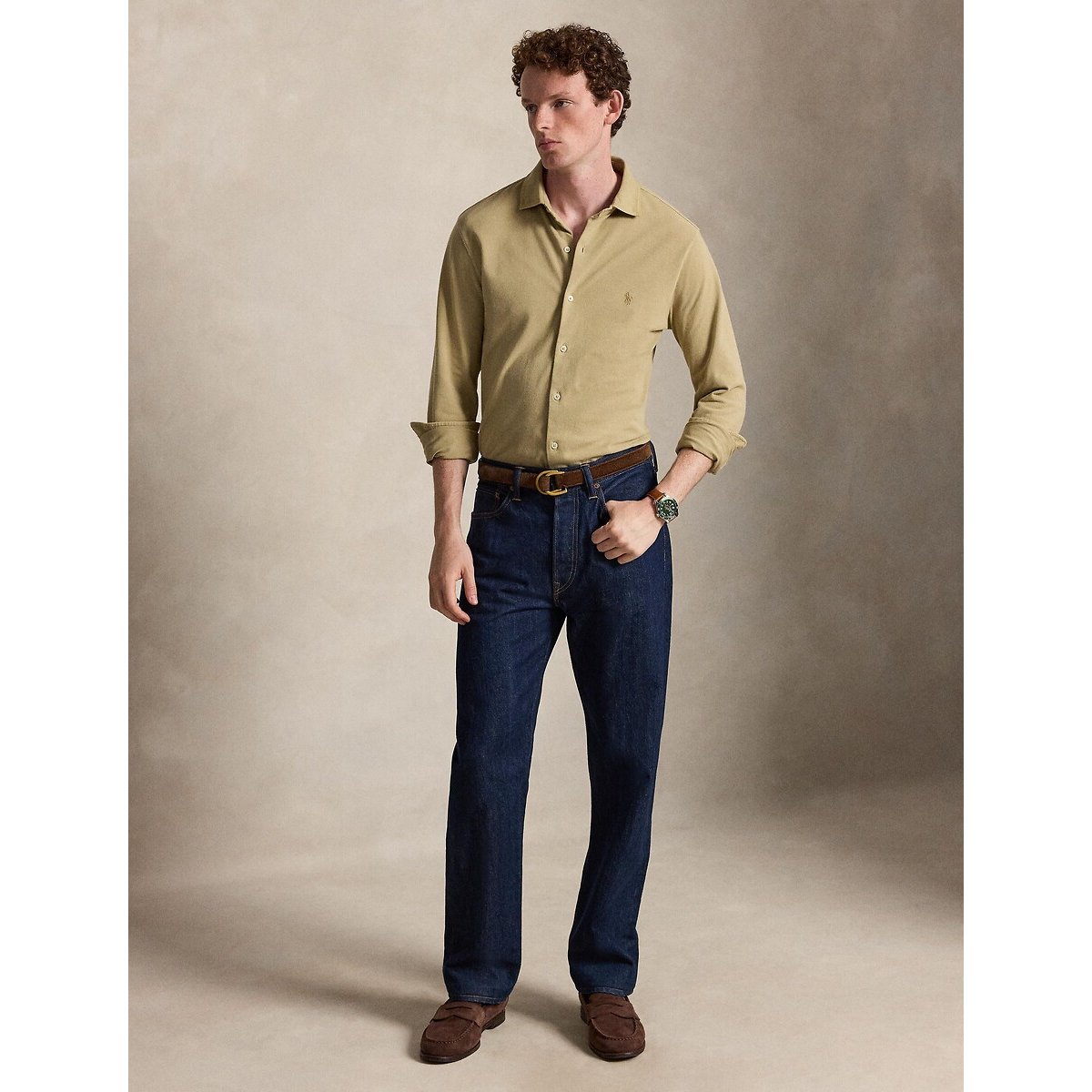 Camisa ligera de piqué de algodón beige caqui, POLO RALPH LAUREN