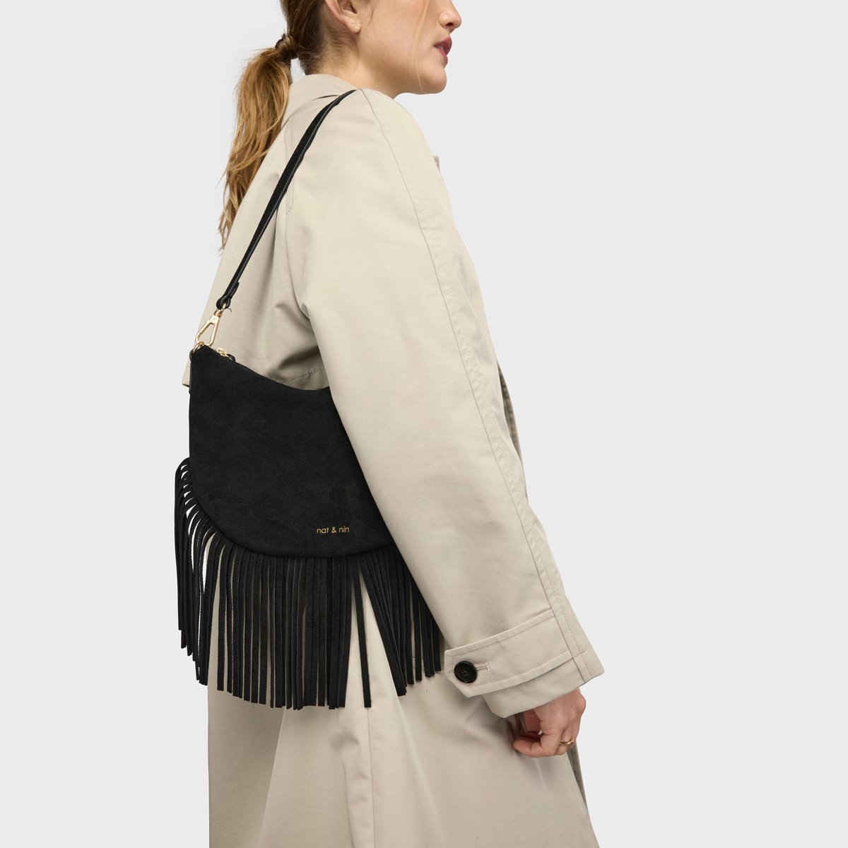 Sac à bandoulière en cuir, LUNE FRANGE noir, NAT & NIN