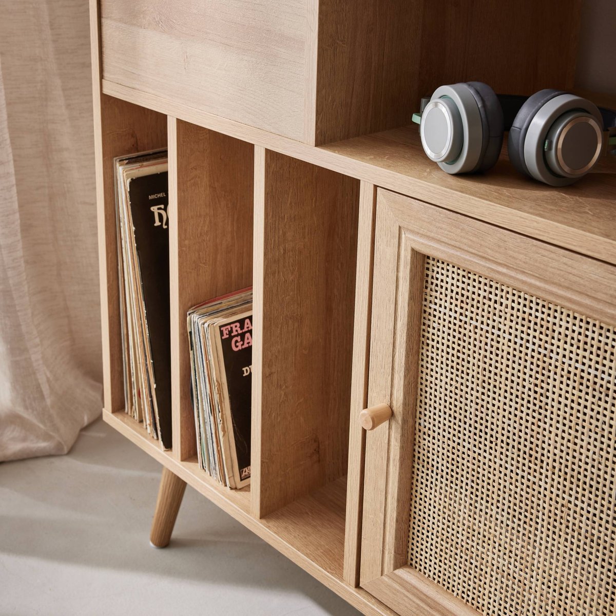 Meuble vinyle décor bois et cannage 1 porte 83cm BOHÈME naturel, SWEEEK