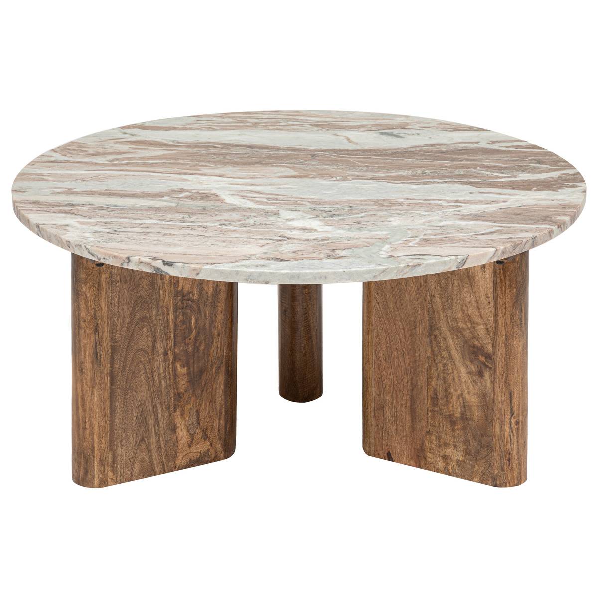 Table basse ronde plateau marbre piètement bois manguier COPPA beige, ATMOSPHERA