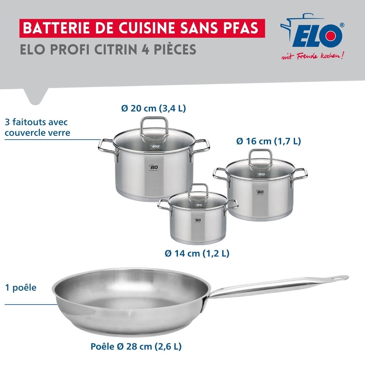 Batterie 1 poêle 28cm + 3 faitouts 14/16/20cm PROFI CITRIN inox, ELO