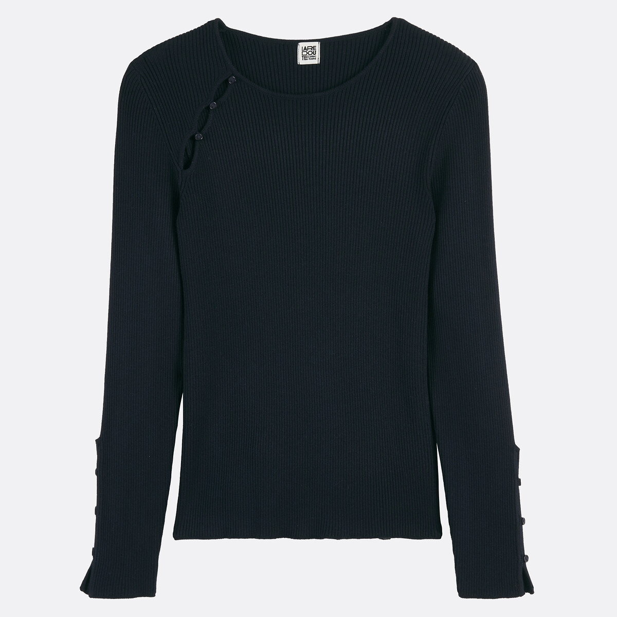 Pull col rond, manches longues, en fine maille côtelée bleu marine, LA REDOUTE COLLECTIONS