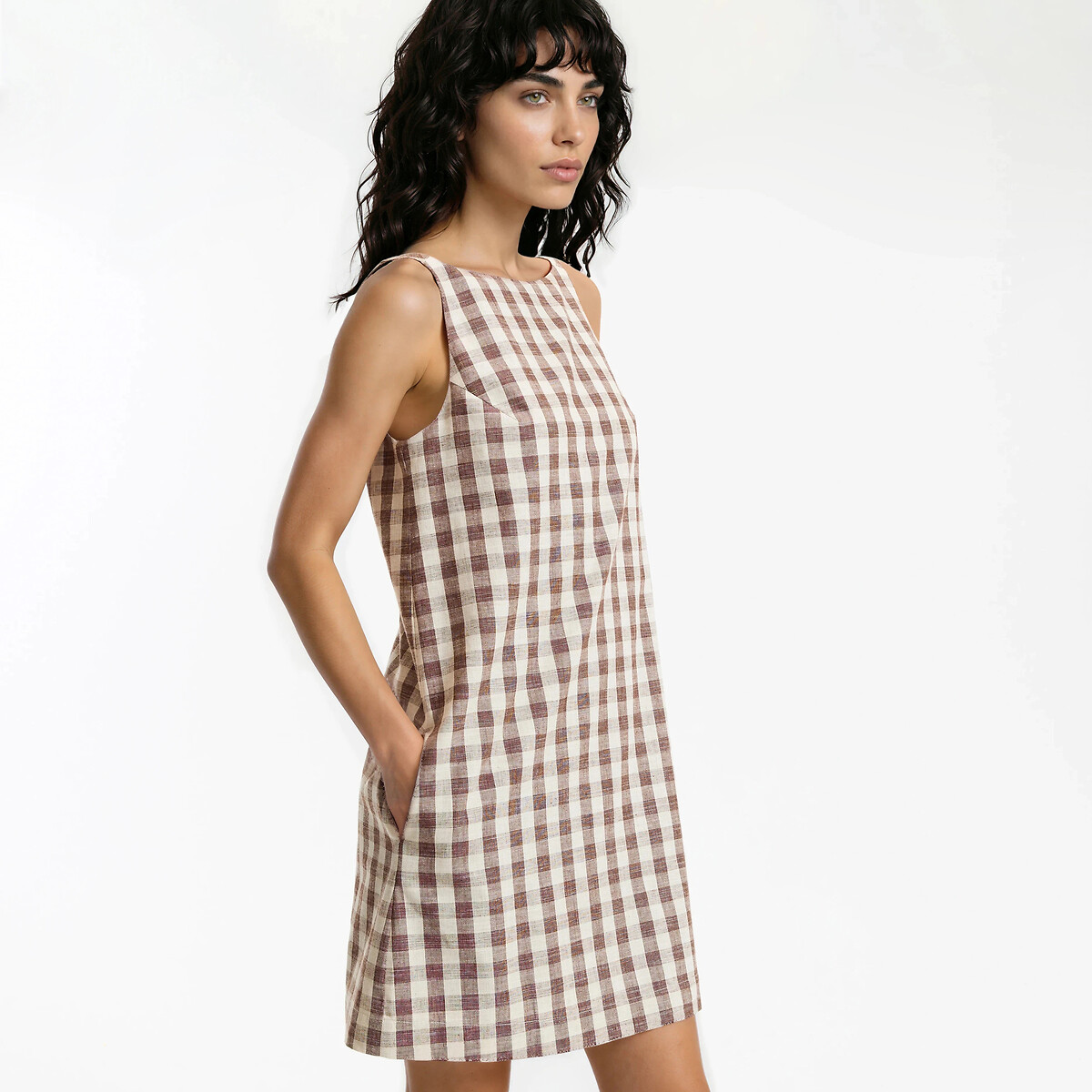 Robe courte vichy sans manches en coton et lin vichy marron, LA REDOUTE COLLECTIONS
