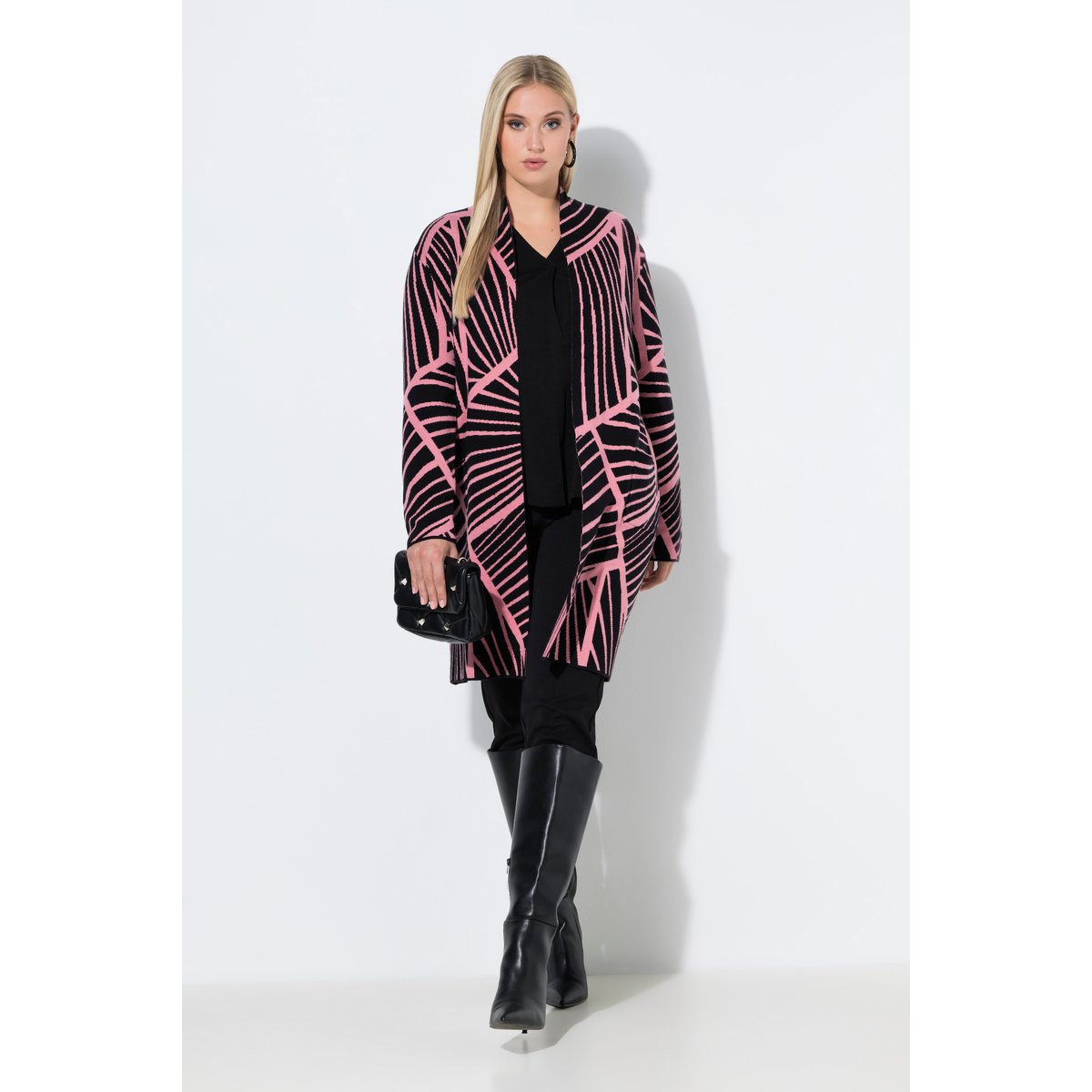 Cardigan long, motif graphique et col châle rose, ULLA POPKEN