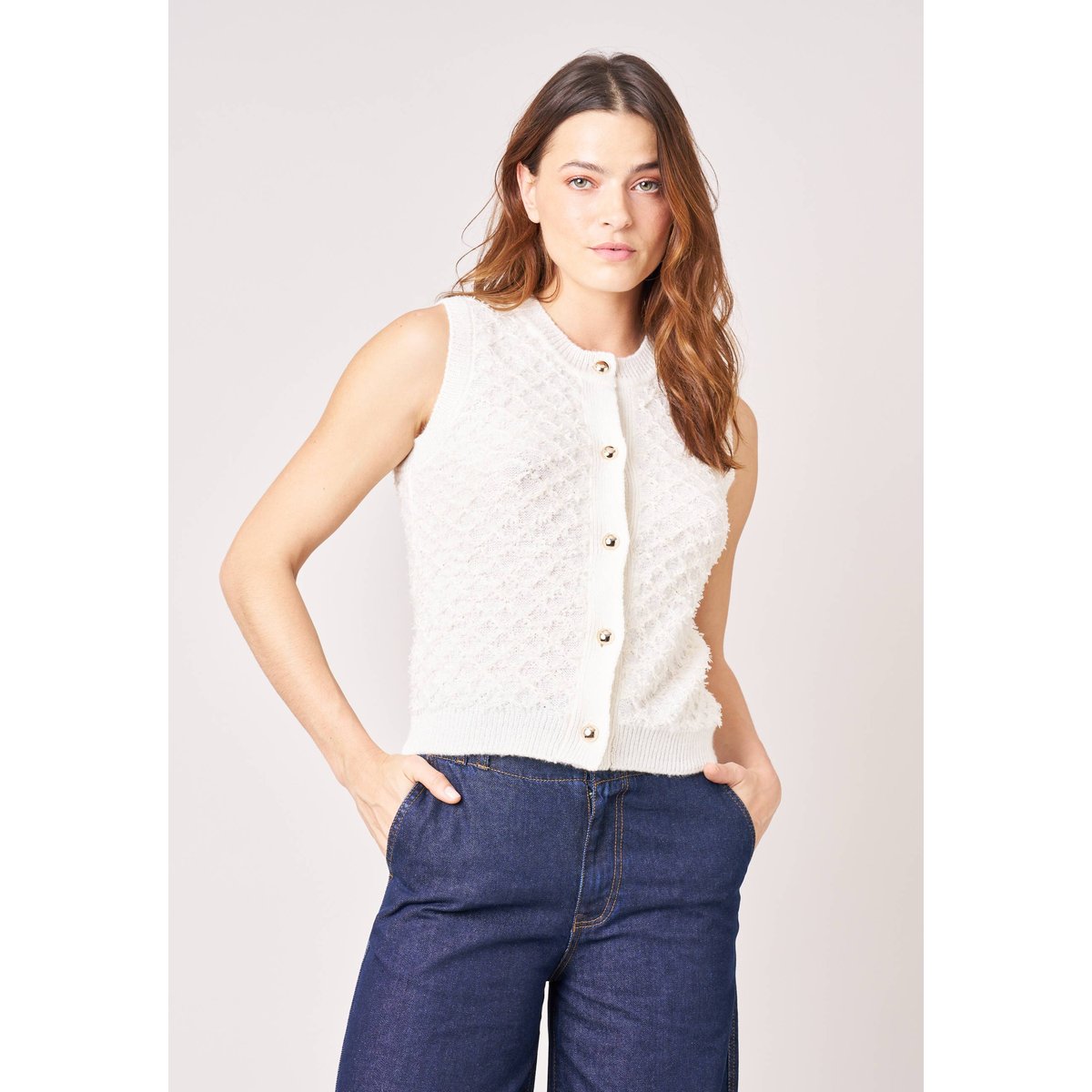 Gilet sans manches femme maille texturée MADRINA off white, DEELUXE