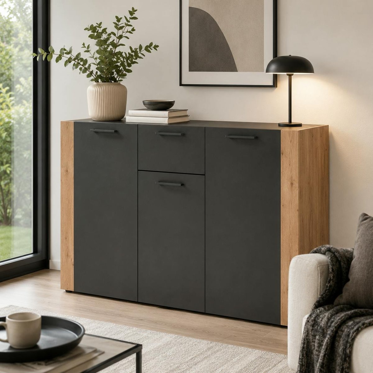 Buffet de rangement gris foncé 3 portes 1 tiroir ALVA bois naturel, PIER IMPORT