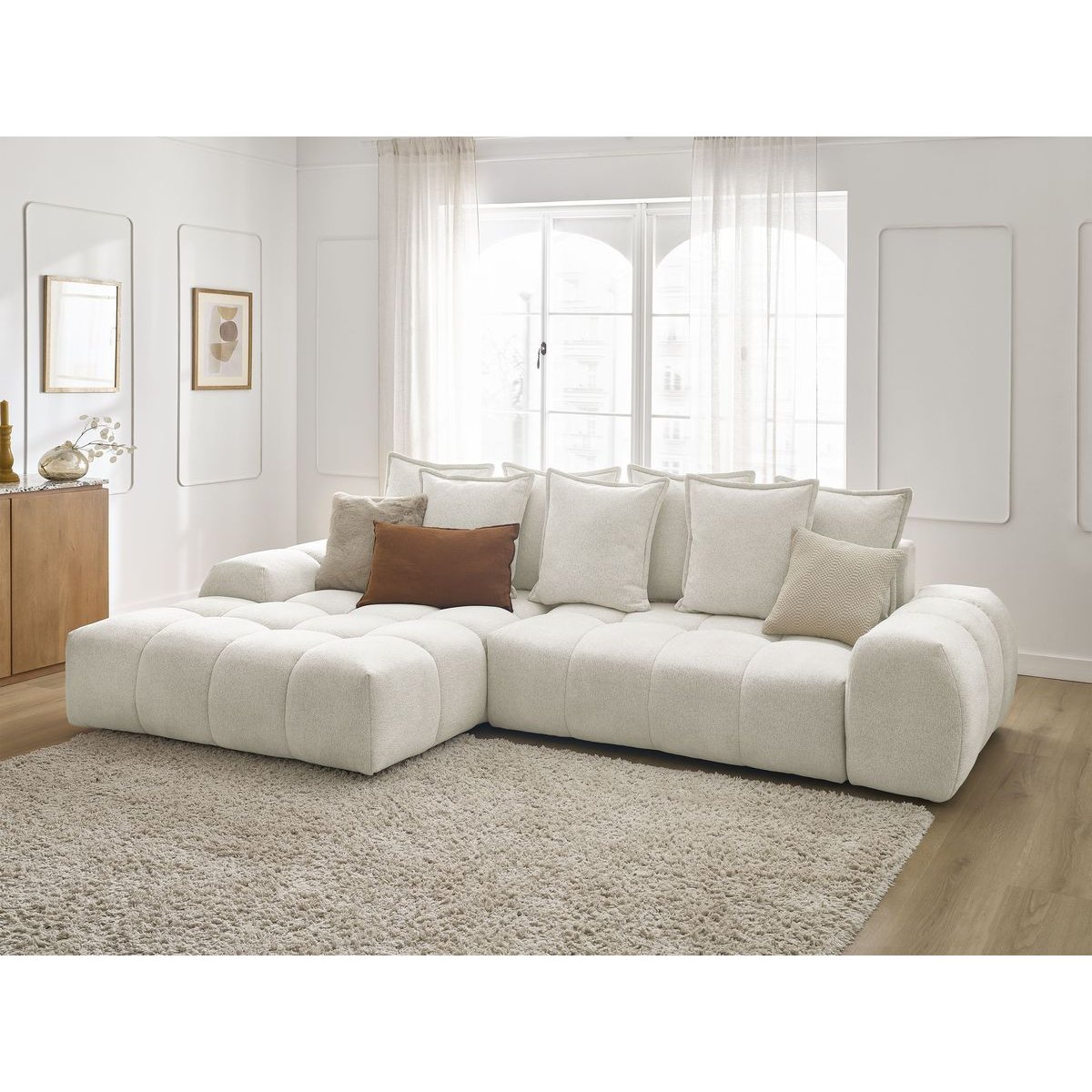 Canapé d'angle convertible 3 places en tissu chiné, EVEREST blanc, BOBOCHIC