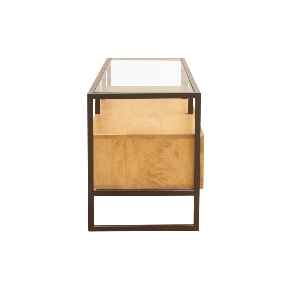 Meuble TV rectangulaire avec rangements en bois manguier massif, verre et métal noir L150 cm DIYA chêne clair, MILIBOO