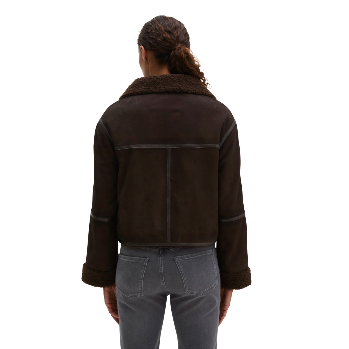 Veste en cuir coupe classique avec une doublure en peluche imitation fourrure à l'intérieur marron, MARC O'POLO