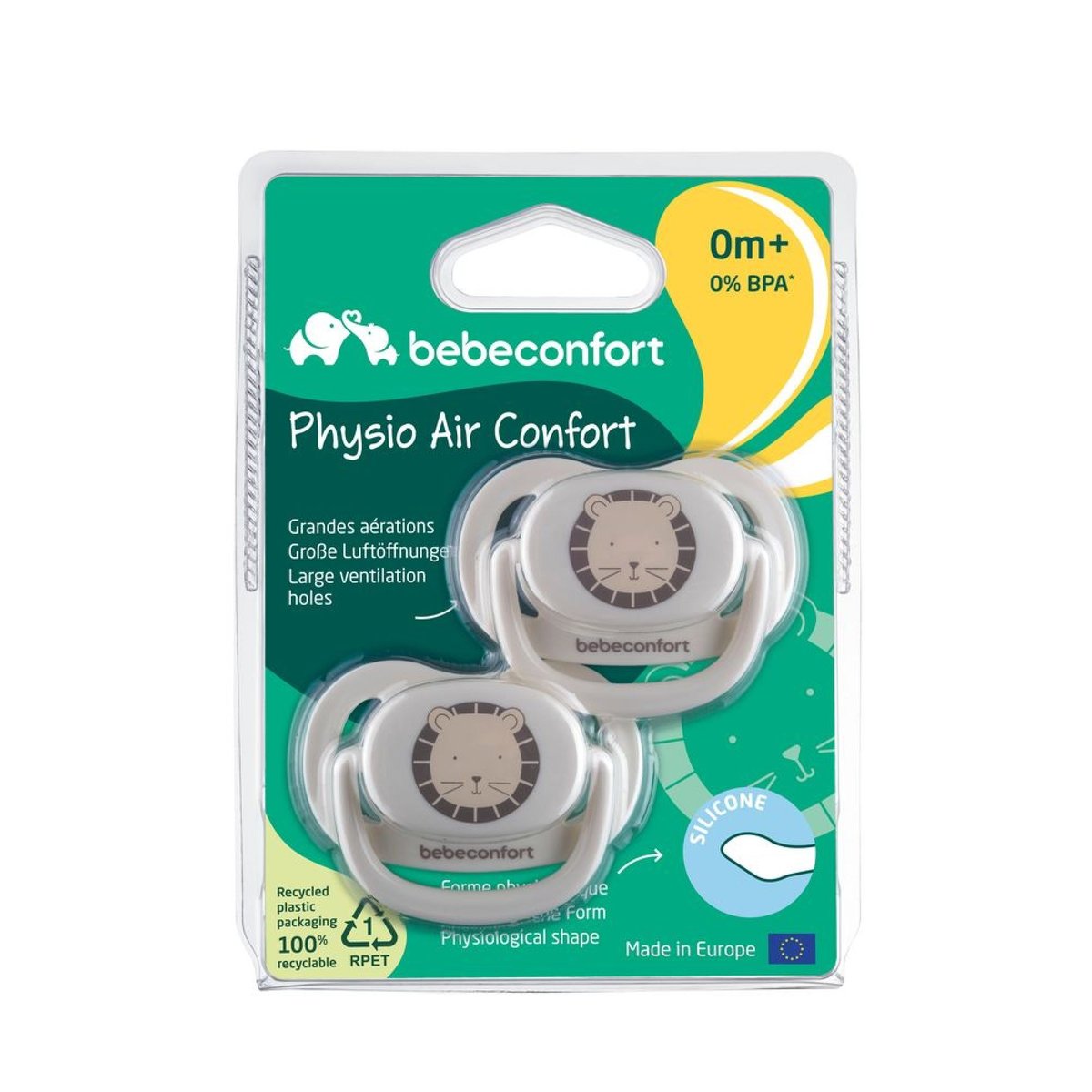 Lot de 2 sucettes physiologiques silicone Air Confort 0-6 mois Sand couleur unique, BEBECONFORT