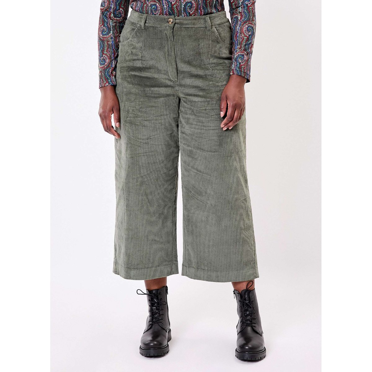 Pantalon velours bio large 7/8 KEIKA vert kaki velours, LA FIANCÉE