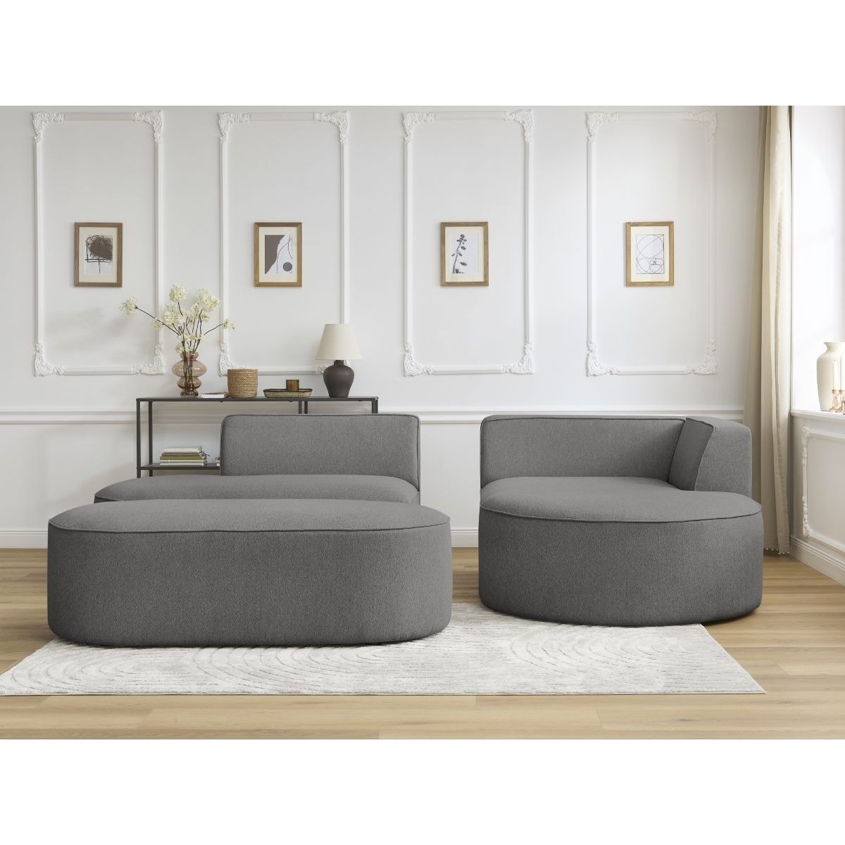 Canapé d'angle fixe 5 places en tissu chiné avec pouf, ROUSSEAU gris foncé, BOBOCHIC