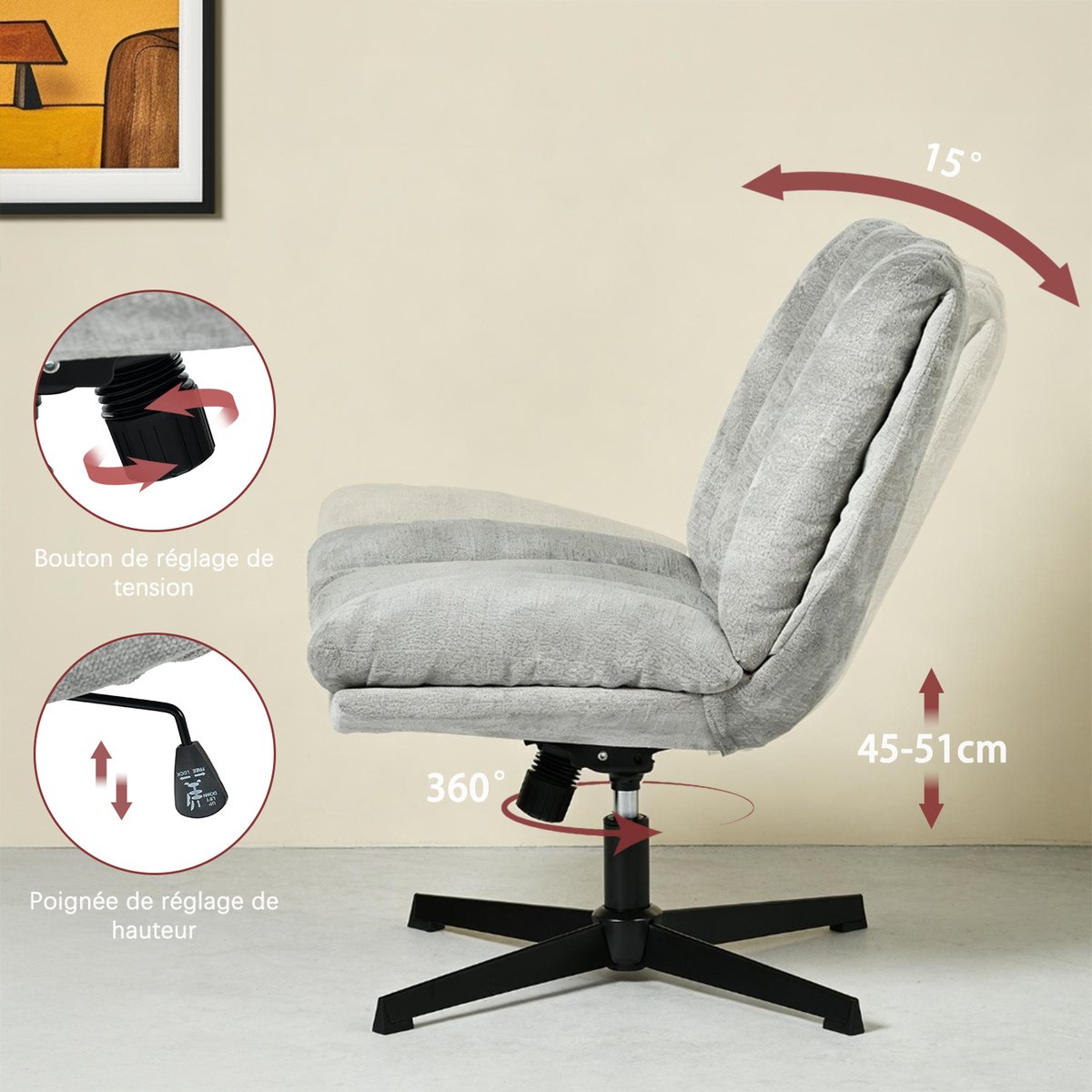 Chaise de bureau réglable et rotatif en chenille, CONFODO gris, MEUBLES COSY