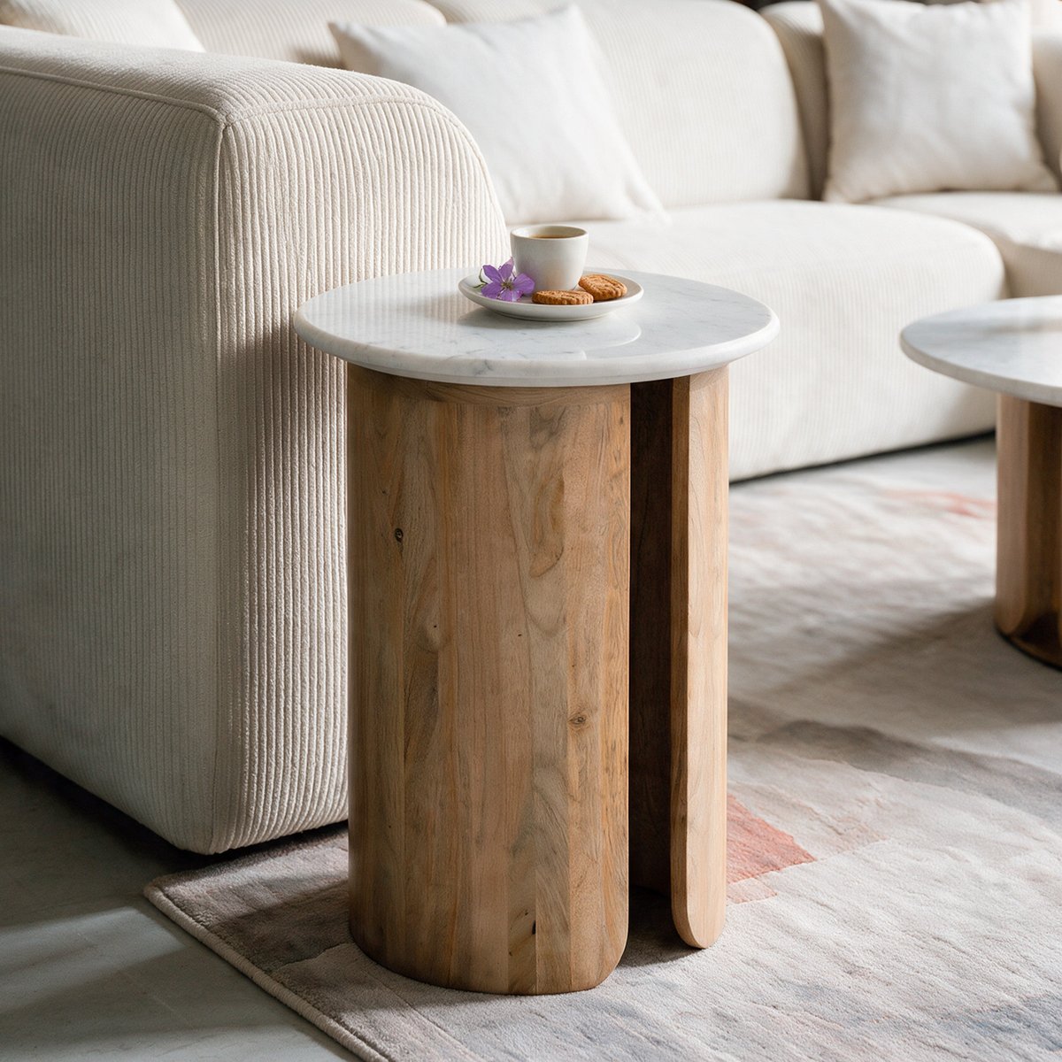 Table d'appoint en marbre et bois de manguier - LÉANA blanc, MAISON PAVANE