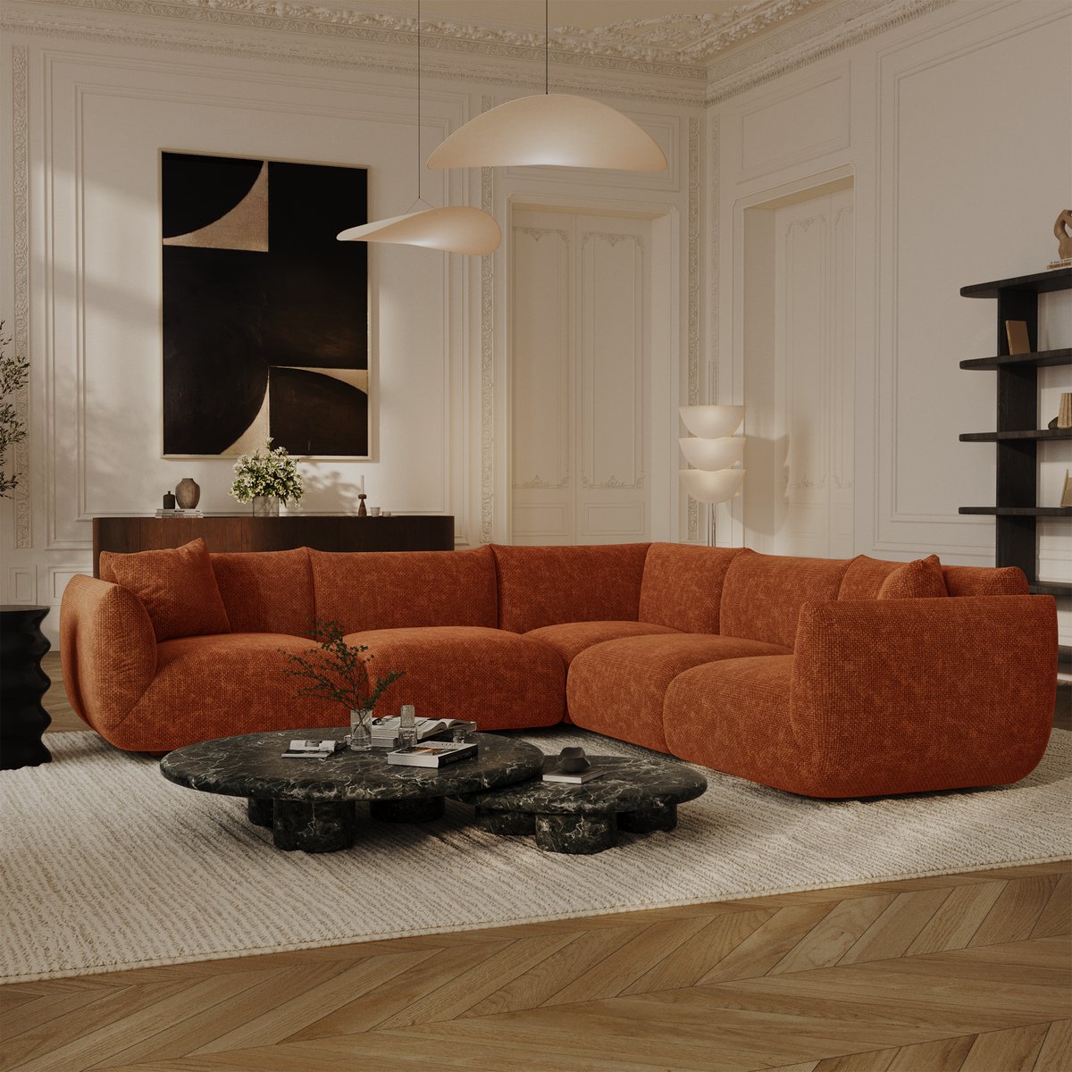 Canapé d'angle panoramique modulable 7 places en velours chenillé NOOMA terracotta, SIA HOME