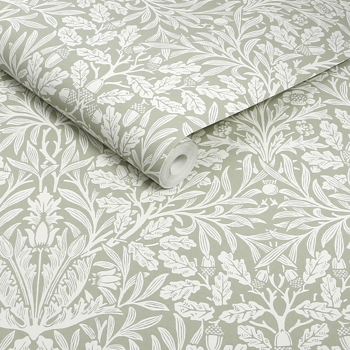 Papier peint fleuri chêne et anémone au petit matin vert sauge, écru, WILLIAM MORRIS AT HOME