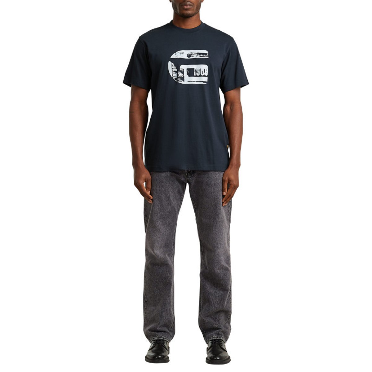 T-shirt en coton biologique bleu marine imprimé avec une coupe droite bleu foncé, G-Star RAW