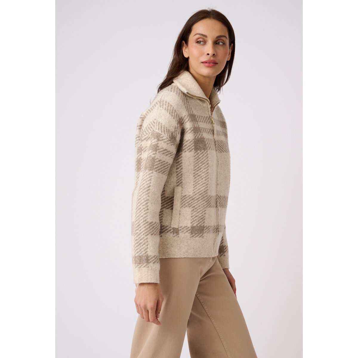 Gilet zippé maille jacquard Thermolactyl marron taupe carreaux, DAMART