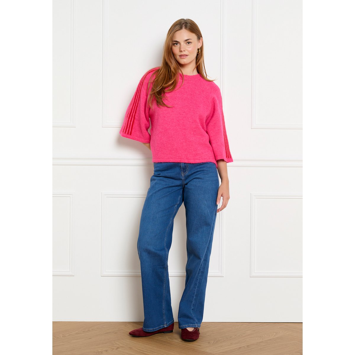 Pull ample manches trois-quarts rose bubblegum, LOLALIZA